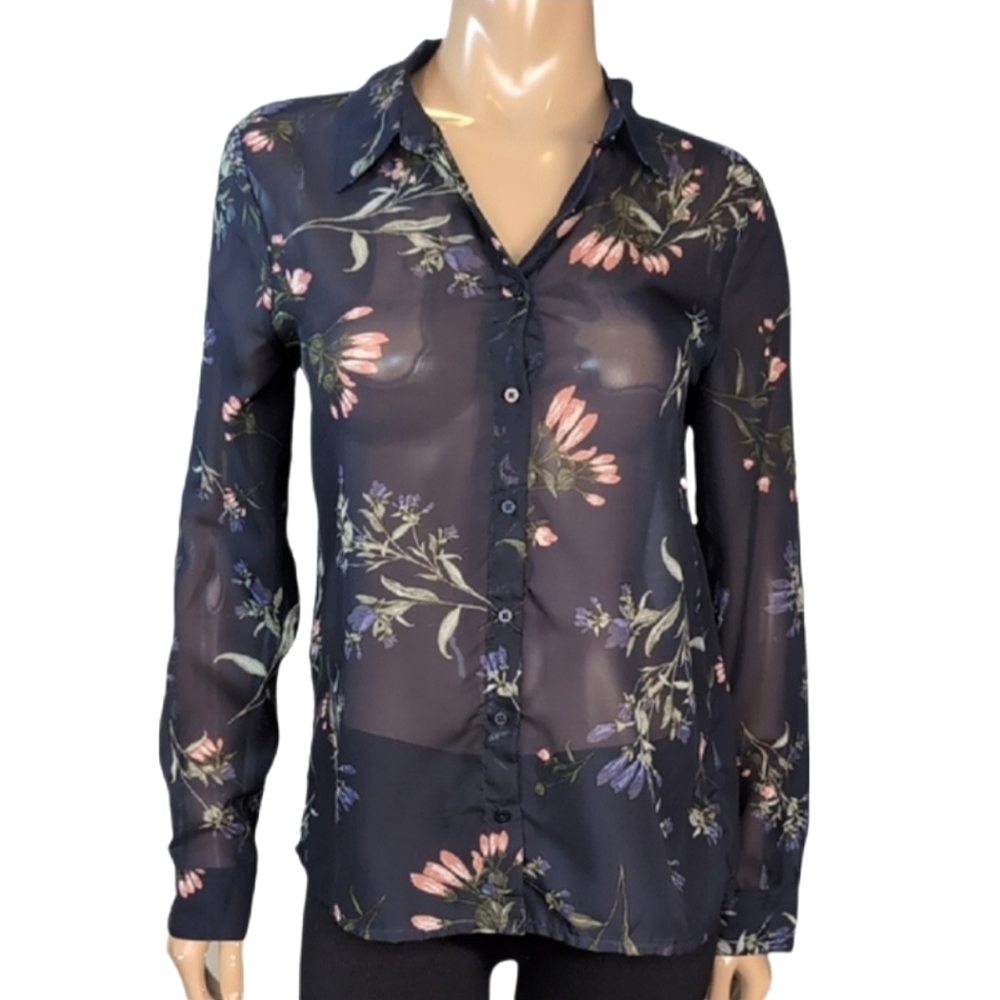 3/$20 Dynamite Relaxed Floral Sheer Blouse Womens Medium Blue Long Sleeve Top